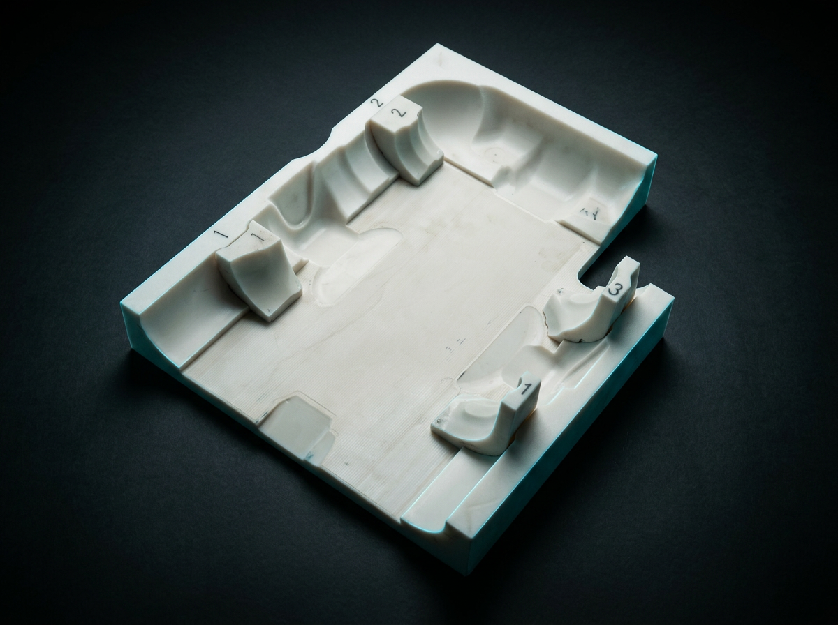 Prototype white fixture model used to confirm locating surfaces and operator handling