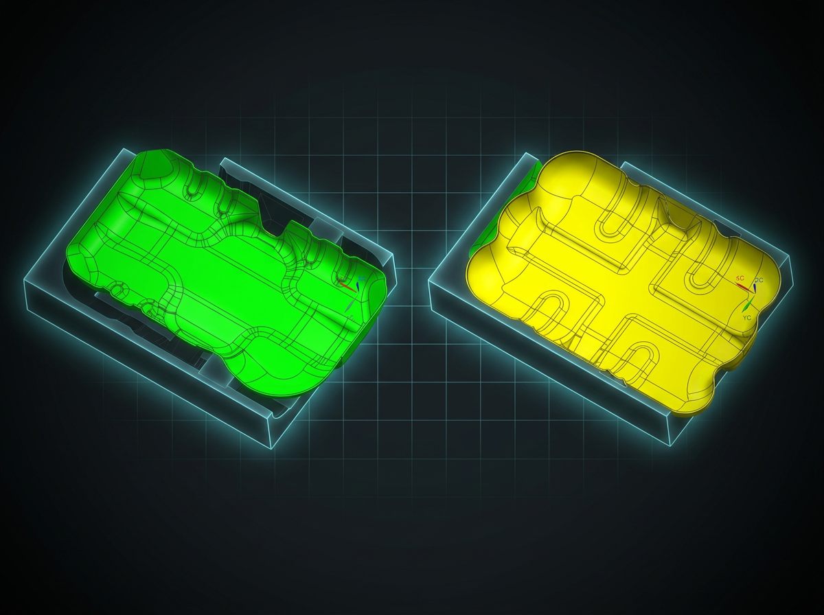 Green and yellow CAM simulation views validating the revised fixture geometry